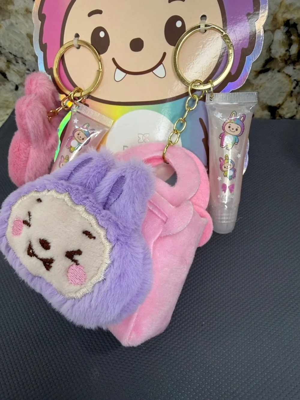 NWT 2pc Cutesters Plush bag and 2 Lip Gloss Keychain Set - Pink & Purple